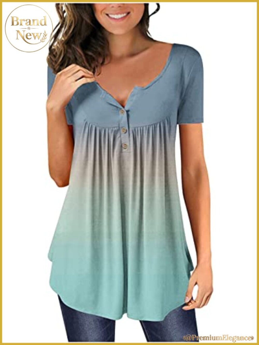 Womens Flowy Tunic Shirt Short Sleeve Henley Top Pleated Button Down Blouse